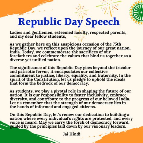 2 Minutes Republic Day Speech 2024 - For Students, Teachers in English - Very Wishes Republic Day Speech In English, 26 January Speech, Republic Day Speech, Speech In English, 26 January Republic Day, Front Page Design, Dear Students, 26 January, Unity In Diversity