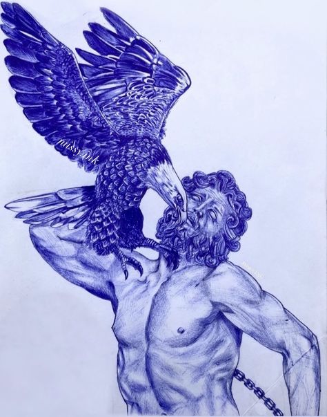 Blue biro monochrome sketch of Prometheus, Greek mythology artwork and sketchbook piece. Tattoo design or sleeve idea. Prometheus Drawing, Prometheus Tattoo Design, Greek God Drawings, Prometheus Greek Mythology, Greek Mythology Tattoo Design, Prometheus Art, Prometheus Tattoo, Mythology Drawings, Greek Drawing