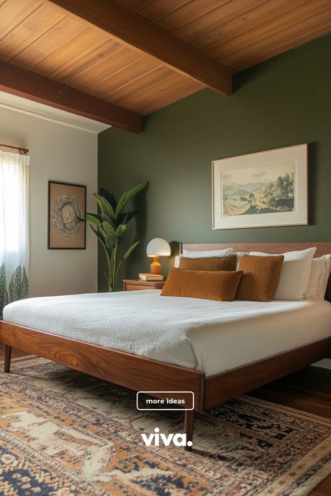 ♥ Are you dreaming of a cozy Mid Century Modern Bedroom with boho vibes? Explore this stunning bedroom with its inviting colors and stylish decor. Get inspired with design ideas for a minimalist, contemporary, and moody bedroom. 🛏️🌿 #MidCenturyModern #BedroomDesign #BohoVibes #HomeDecor 💡 Modern Eclectic Bedroom Design, Nature Style Bedroom, Mid Century Modern Primary Bedroom, Mcm Guest Room, Scandi Green Bedroom, Contemporary Mid Century Modern Bedroom, Modern Cozy Bedroom Ideas, Mid Century Contemporary Bedroom, Sage Green Mid Century Modern Bedroom