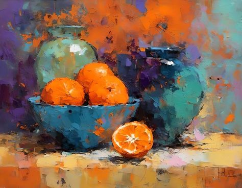 Impressionist Fruit Painting, Still Life Impressionism, Oranges Painting, Paint Fruit, Acrylic Still Life, Watercolor Orange, Canvas Art Painting Acrylic, Collage Landscape, Abstract Still Life