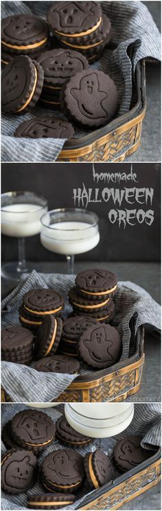 Homemade Halloween Oreos- these taste WAY better than the original and they're so much fun for a Halloween party! Halloween Treats Homemade, Halloween Pastries, Halloween Baked Goods, Homemade Halloween Candy, Easy Halloween Recipes, Homemade Oreos, Halloween Oreos, Fun Holiday Treats, Halloween Baking