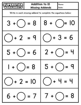 Missing Addends - 1st grade math Work Sheets For 1st Grade English Math, Number Pattern Activities Grade 1, 1 Class Worksheets Maths, Missing Number Worksheets 1-10, Mental Maths Worksheets For Grade 1, Missing Addends First Grade, Addition Activities For First Grade, Class 1 Maths Worksheets, Addends First Grade