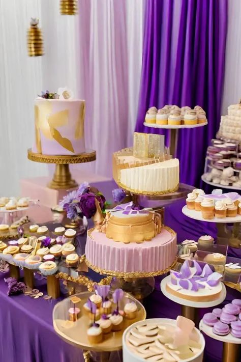 22 Enchanting Ways to Incorporate Purple and Gold into Your Wedding - Prairie Hive Purple And Gold Wedding Decorations, Purple And Gold Wedding Theme, Purple And Gold Theme, Quinceanera Aesthetic, Gold Wedding Theme Ideas, Wedding Cales, Gold Theme Birthday, Gold Dessert Table, Chocolate Factory Party