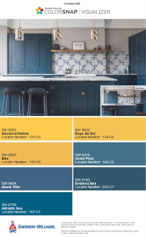 Mustard Yellow And Blue Kitchen, Navy Blue Kitchen Cabinets Yellow Walls, Yellow Kitchen Blue Cabinets, Dark Blue And Yellow Kitchen, Blue And Mustard Kitchen, Yellow And Navy Kitchen, Navy Blue And Yellow Kitchen, Yellow Blue Kitchen, Yellow And Blue Kitchen