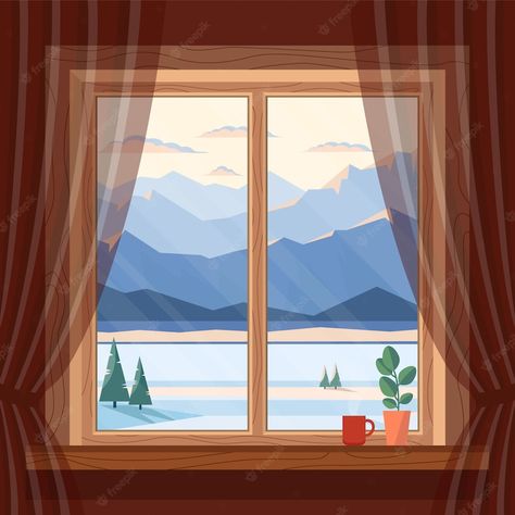 Street Background, Window Illustration, Summer Window, Mountains Snow, Window Drawing, Old Fences, Rural House, Countryside Landscape, Yellow Houses