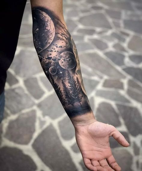 Space Arm Tattoo, Star Sleeve Tattoo, Galaxy Tattoo Sleeve, Space Tattoo Sleeve, Forearm Cover Up Tattoos, Astronomy Tattoo, Sky Tattoos, Animal Sleeve Tattoo, Nature Tattoo Sleeve