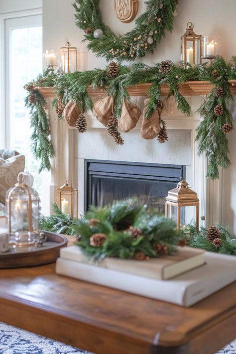 Create a cozy and festive ambiance with this stunning winter home decor. Pine garlands, rustic stockings, and candle lanterns bring warmth and charm to any living space. Perfect for holiday gatherings! #WinterHomeDecor #HolidayVibes #CozyLiving Lodge Christmas, Cottage Style Living Room, Luxury Christmas Decor, Christmas Lodge, Christmas Mantle Decor, Pine Garland, Christmas Mantel, Christmas Mantel Decorations, Christmas Mantle