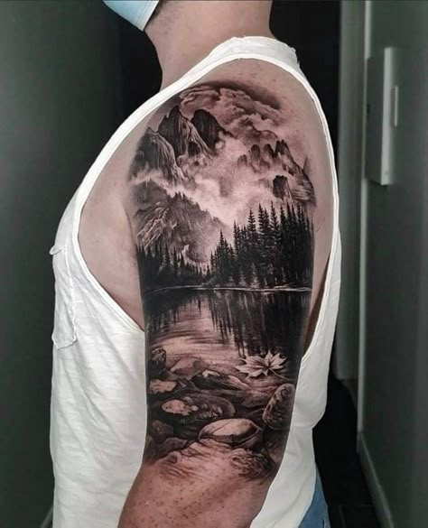 Realism Nature Tattoo Sleeve, Realistic Mountain Tattoo Design, Half Sleeve Ideas Men, Mountain Tattoo Sleeve Women, Forrest Tattoo Designs, Forest Sleeve Tattoo Women, Mountain Sleeve Tattoo Women, Nature Sleeve Tattoo For Men, Mountain Arm Tattoo