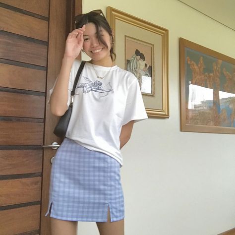 @isabelmdelacruz - Isa 🤎 on Instagram: “i’m proud to say that everything i’m wearing is from @shopee_ph 🥰” blue gingham skirt with oversized angel tee — soft girl fits Blue Gingham Skirt Outfit, Blue Gingham Skirt, Blue Gingham Outfit, Gingham Skirt Outfit, Y2k Soft Girl, Gingham Outfit, Gingham Skirt, Girl Fits, Skirt Outfit