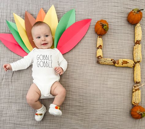 This little turkey turned 4 months! Turkey Milestone Pictures, 6 Month Thanksgiving Pictures, Thanksgiving Baby Picture Ideas, Thanksgiving Baby Milestone Pictures, Thanksgiving Baby Pictures Turkey, Thanksgiving 2 Month Old Pictures, Turkey Baby Photoshoot, 4 Months Baby Pictures Ideas, Thanksgiving Baby Photoshoot