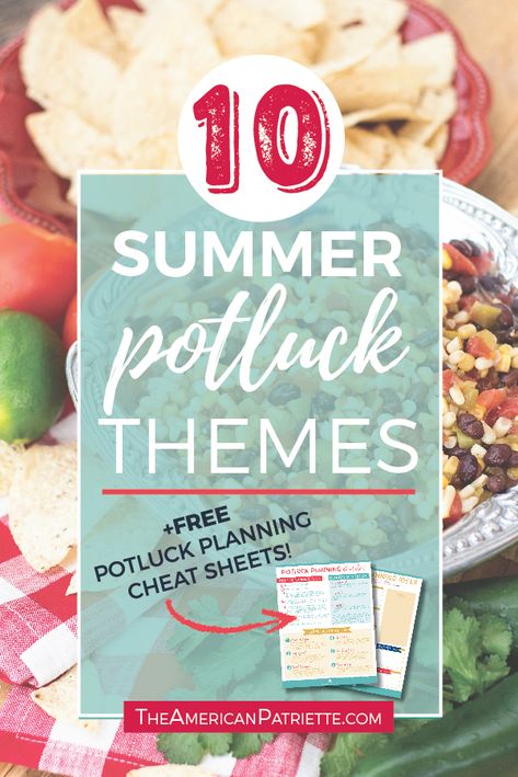 Fun Summer Potluck Theme Ideas with free planning cheat sheets - get great inspiration for planning and hosting a fun potluck meal or casual dinner party! #dinnerparty #potluckthemes #potlucks #potluckideas #easyentertaining Potluck Theme Ideas, Casual Summer Dinner, Cookout Theme, Potluck Themes, Summer Dinner Parties, Bbq Potluck, Casual Dinner Party, Office Potluck, Work Potluck