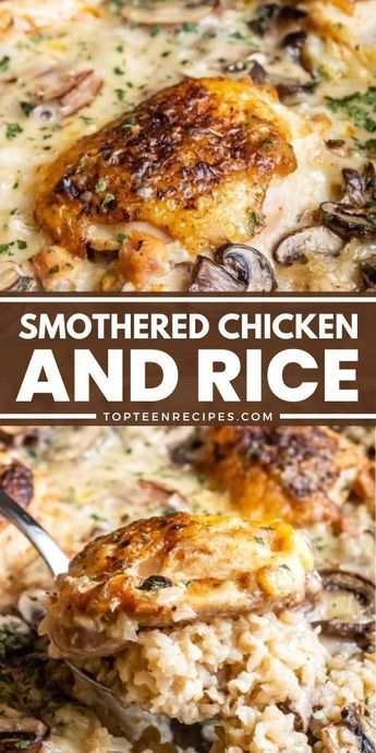 Smothered Chicken And Rice, Smothered Chicken Recipes, Chicken And Rice Casserole, Chicken Breast Recipes Baked, Smothered Chicken, Chicken And Rice, Rice Casserole, Chicken Dishes Recipes, Baked Chicken Recipes