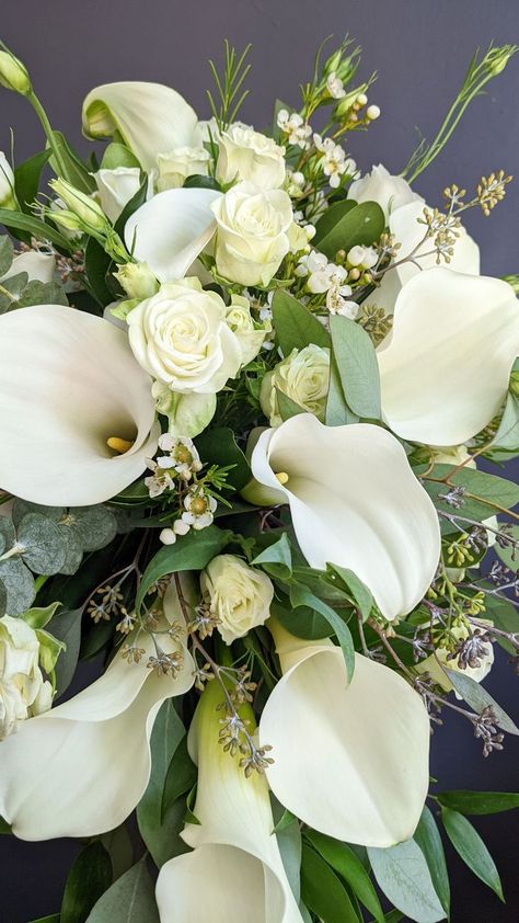 Cascade Bridal Bouquet, White Calla Lilies, Bridal Party Flowers, Cascading Bridal Bouquets, Cascading Wedding Bouquets, Lily Bouquet, Blue Wedding Flowers, Hand Bouquet, Cascade Bouquet