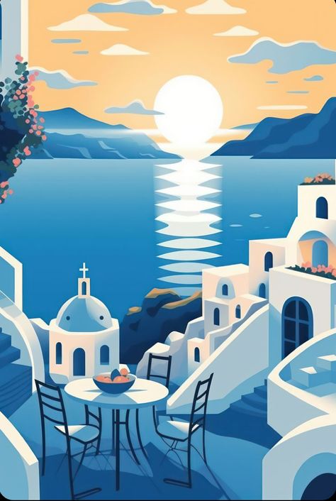 Santorini Greece Illustration, Greece Illustration Art, Santorini Illustration, Greece Illustration, Greece Painting, Window Illustration, Pen Art Work, Sailing Art, Greek Blue