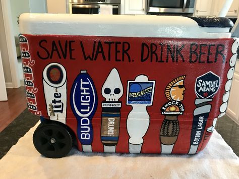 Save water drink beer cooler Save Water Drink Beer Cooler, Beer Frat Cooler, Painted Coolers For Guys Fraternity, Pike Frat Cooler, Painted Coolers For Guys, Kh Aesthetic, Pike Cooler, Flask Painting, Bp Table