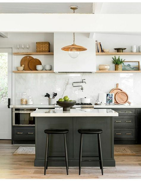 Deep River by Benjamin Moore , designed by Studio Mcgee Mcgee Kitchen, Studio Mcgee Kitchen, Dark Green Kitchen, Green Kitchen Cabinets, Dark Kitchen, Studio Kitchen, Green Cabinets, Studio Mcgee, Open Shelves