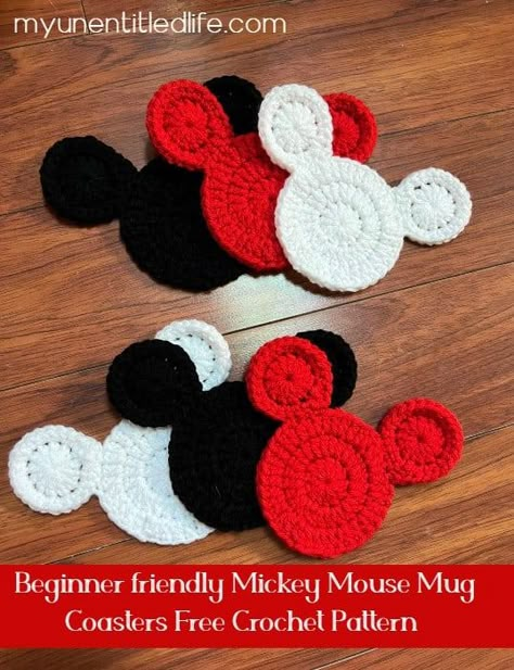 Mickey Mouse Crochet Coasters Free Pattern, Crochet Mickey Mouse Christmas Ornaments, Crochet Disney Applique Patterns Free, Easy Crochet Projects Disney, Mickey Coaster Crochet, Crochet Mickey Applique, Crochet Mickey Head Free Pattern, Crocheted Mickey Mouse Pumpkin, Crochet Mickey Mouse Pattern Free Coaster