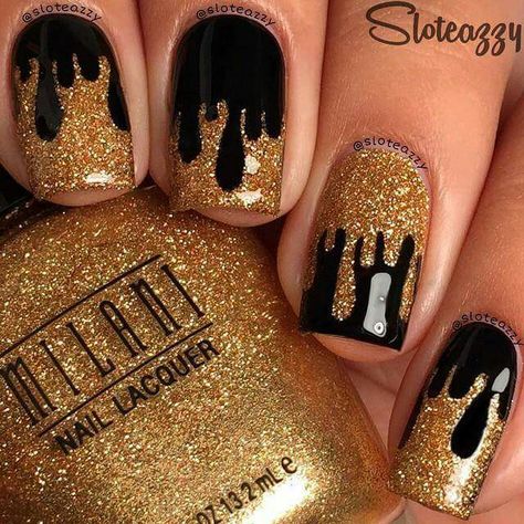 Love this! Hamilton Nails, Black Gold Nails, Nail Vinyls, Drip Nails, Black Gold Jewelry, Glam Nails, Prom Nails, Matte Nails, Gold Nails