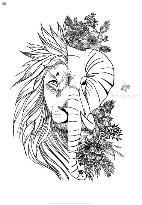 Lion Elephant Tattoo Design, Lion And Elephant Tattoo Design, Lion And Elephant Tattoo For Women On Leg, Lion With Flowers Tattoo Design, Elephant And Tiger Tattoo, Half Elephant Half Lion Tattoo, Lion And Elephant Tattoo For Women, Elephant Lion Tattoo, Lion Elephant Tattoo