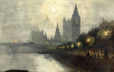 Westminster by George Hyde Pownall (b. 1866; Radcliffe-on-Trent in Nottinghamshire, England – d. 24 January 1939; St Kilda, Australia) Oil on board, 6 × 9¼ in. (15.2 × 23.5 cm.) signed ‘Geo. Hyde P’ (lower right) http://www.christies.com/lotfinder/paintings/george-hyde-pownall-westminster-5415771-details.aspx Bio: http://www.slv.vic.gov.au/sites/default/files/La-Trobe-Journal-90-Michael-E-Humphries.pdf Westminster Aesthetic, British Wallpaper, Twilight Images, British Aesthetic, Exo Kaisoo, Landscapes Paintings, London Painting, England Art, British Artists