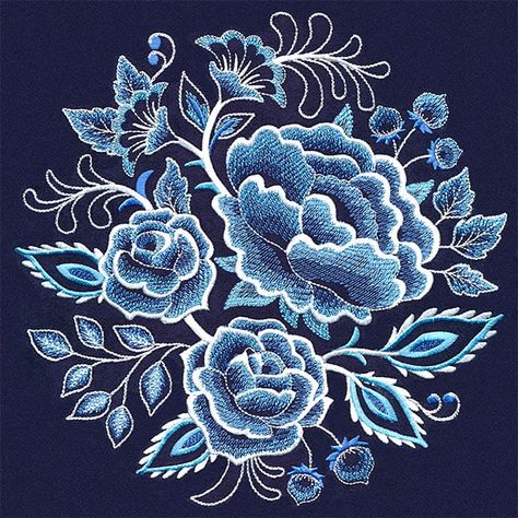 Bring a classic touch to your pillows, totes, wall hangings, and more with this blossoming delft blue bouquet. This machine embroidery design contains sheer stitching and open areas; embroider on dark-colored fabrics for best results. Blue Florals, Blue Bouquet, Delft Blue, Black N White, Summer Trends, Delft, Machine Embroidery Design, Floral Fabric, Wall Hangings