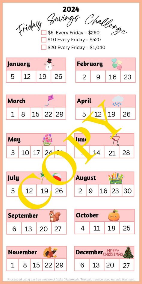 2024 Weekly Money Savings Challenge digitalstudentplanner #happyplannerideas #sewingplanner📖. 8 Week Savings Challenge, 700 Saving Challenge, Friday Savings Challenge, Every 2 Weeks Saving Plan, Monthly Saving Challenge, Weekly Savings Challenge, Date Of The Month, Weekly Savings, Saving Money Chart