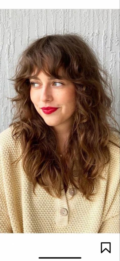 Wavy Curly Fringe, Long Shag Haircut 70s, Naturally Wavy Lob With Bangs, Women’s Wavy Haircut, Wavy Hair And Fringe, Haircut 2023 Wavy Hair, 70s Layered Hair Curly, Shag With Bangs Wavy Hair, 70s Shag Haircut Wavy