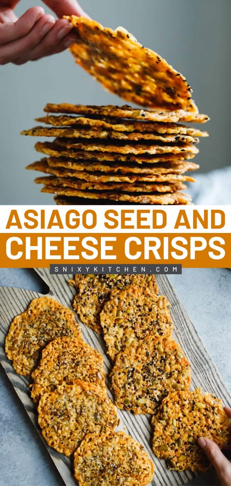 Out of quick and easy snack ideas? These Asiago Seed and Cheese Crisps start with cheese crisps is nutty, crunchy, and crispy. Pin this healthy snack recipe! Whisps Cheese Crisps Recipes, Healthy Snacks Recipes Savory, Salty Crunchy Snacks, Savory Healthy Snacks, Healthy Snacks Savory, Homemade Seed Crackers, Gf Crackers, Salty Snack Recipes, Healthy Crunchy Snacks