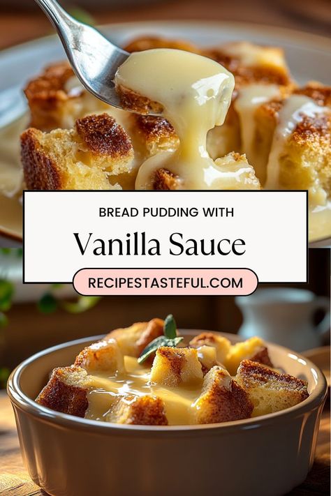 This comforting Bread Pudding with Vanilla Sauce transforms stale bread into a delicious dessert, perfectly soaked in a rich custard and topped with a luscious vanilla sauce. Ideal for family gatherings or a cozy evening treat! Banana Pudding Custard Recipe, Christmas Bread Pudding, Bread Pudding Recipe With Vanilla Sauce, Custard Bread Pudding, Custard Dessert Recipes, Bread Pudding With Vanilla Sauce, Bread Pudding Sauce, Vanilla Pudding Recipes, Custard Sauce