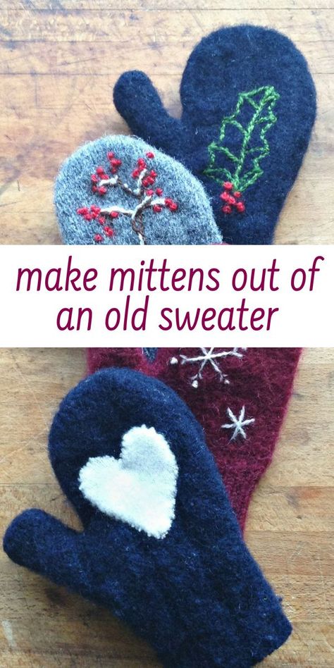 Sweater To Mittens, Denim Mittens Diy, Easy Textiles Projects, Wool Sweater Mittens, Easy Mitten Pattern, Sweater Mittens How To Make, Wool Mittens From Sweaters, Recycled Sweater Mittens, Toddler Mittens Sewing Pattern