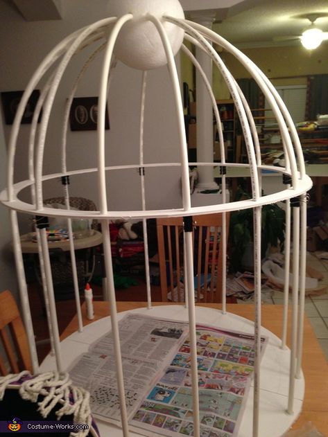 You an use 2 hula hops and some type of bendable plastic trim, and a styrofoam ball up top. Once Upon A Mattress, Diy Bird Cage, Bird In A Cage, Pvc Pipe Projects, Pvc Projects, Costume Works, Plastic Trim, Diy Birds, Halloween Costume Contest