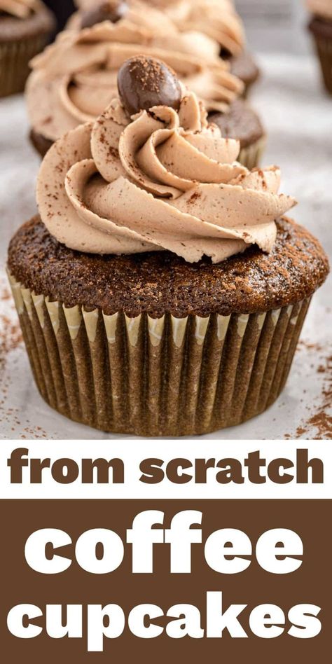 Coffee cupcakes are a perfect dessert for those who love coffee. Made 100% from scratch with a melt in your mouth mocha buttercream. Coffee Cupcake Design, Coffee Cupcake Ideas, Coffee Cupcakes Decoration, Coffee Cupcakes Recipe, Coffee Cupcake Recipes, Coffee Cup Cake, Chocolate Coffee Cupcakes, Mocha Buttercream, Espresso Cupcakes