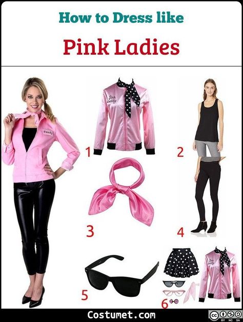 Pink Ladies costume is wearing matching pink jackets and black skinny pants. Accessorize the costume with a pink neckerchief and sun glasses. #Grease #movies #female #group #Grease #50s Pink Neon Outfits, Pink Ladies Grease Costume, Grease Outfits 1950s, Grease Costumes Diy, 50s Dress Up, Pink Ladies Costume, Pink Ladies Halloween, Sock Hop Outfits, Grease Halloween Costumes