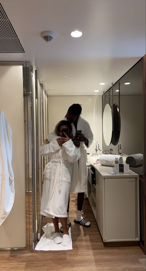 Taking Shower Aesthetic Couple, Hotel Robe Couple Pictures, Hotel Room With Boyfriend, Couples Hotel Night Aesthetic, Couples Getting Ready Together, Hotel Room Couple Photoshoot, Spa With Boyfriend, Couple Morning Aesthetic, Hotel Room Couple Pictures