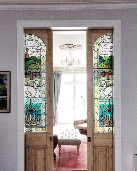 Flora Jamieson Stained Glass on Instagram: “A bit tricky to post any new work due to the current hand situation, so here’s one from the archives, a pair of sliding doors for a house…” Glass Above Door Ideas, Stained Glass Kitchen Door, Sliding Stained Glass Door, Victorian Glass Doors Interior, Indoor Stained Glass Window, Art Deco Sliding Door, Interior Stained Glass Doors, Stained Glass Bathroom Door, Stained Glass Pocket Doors