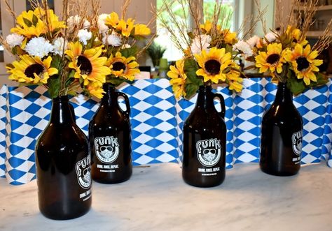 Ocktoberfest decor Oktoberfest Table Decorations, Growler Centerpiece, Diy Oktoberfest, Oktoberfest Table, Oktoberfest Wedding, Oktoberfest Party Decorations, Octoberfest Party, German Party, Oktoberfest Decorations