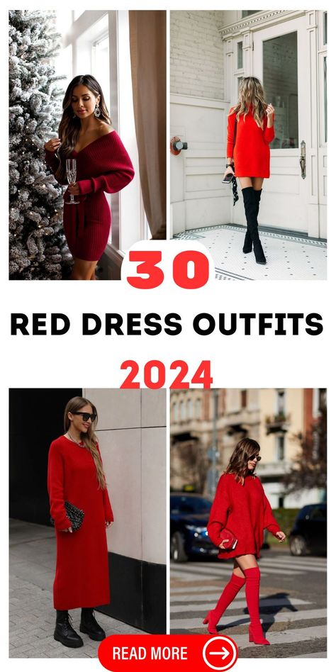 Winter Chic: Cozy Red Dress Outfit 2024 Trends - Stay stylish and warm this winter with our red dress outfit winter 2024 lineup. These outfits combine warmth and fashion, from long-sleeved dresses to layered looks. Embrace the chilly season with a red dress that keeps you fashionable and cozy. Red Dress Coat Outfit, Red Dress Casual Winter, Red Dress With Boots Outfit, February Dresses Outfits, Red Dress Combination Outfits, Red Sweater Dress Outfit Winter, Red Dress With Black Boots, Red Brunch Outfit, Red Dress Fall Outfit