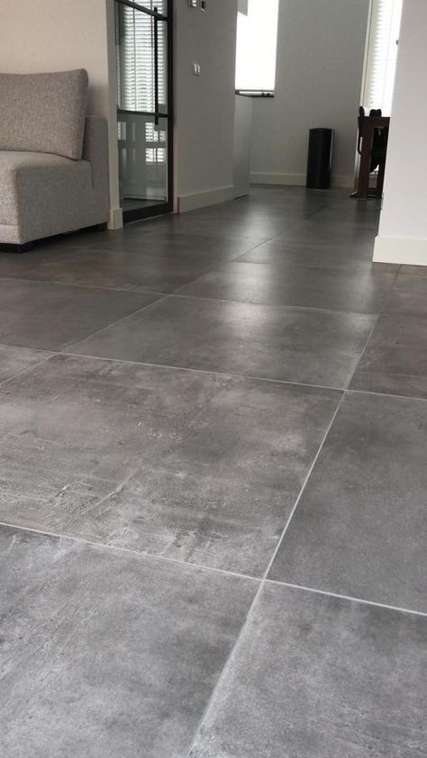 Grey Floor Interior, Grey Tile Flooring, Grey Kitchen Floor Tiles, Kitchen Extension Open Plan, Dark Tile Floors, Concrete Tile Floor, Grey Kitchen Floor, Tile Floor Living Room, Grey Floor Tiles