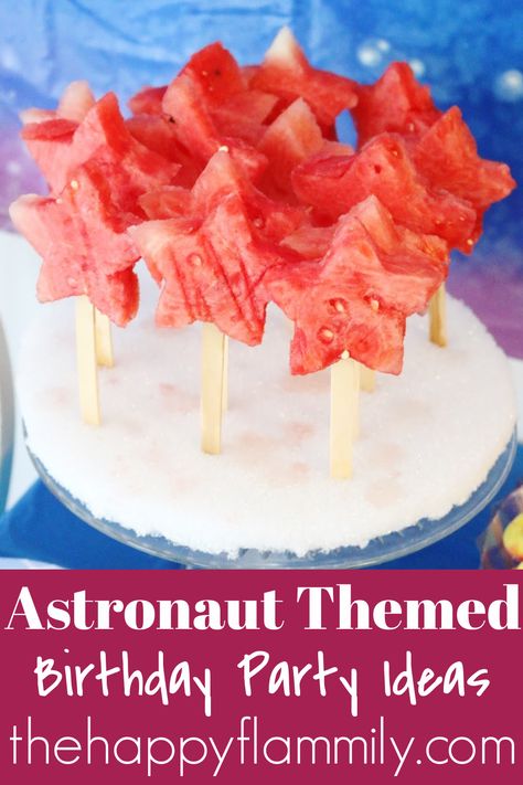 Astronaut Party Food Ideas, Alien Snacks Parties Food, Space Party Dessert, Astronaut Party Games, Solar System Party Food, Astronaut Themed Food, Three Year Old Space Birthday, Space Theme Snacks For Kids, Outer Space Birthday Party Ideas