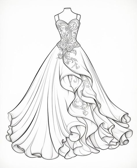 Dress Drawing Template, Bride Dress Drawing, Flower Dress Drawing, Wedding Dress Sketch, Dress Outline, Flower Wedding Dress, Dress Sketch, Gown Drawing, Wedding Dress Sketches