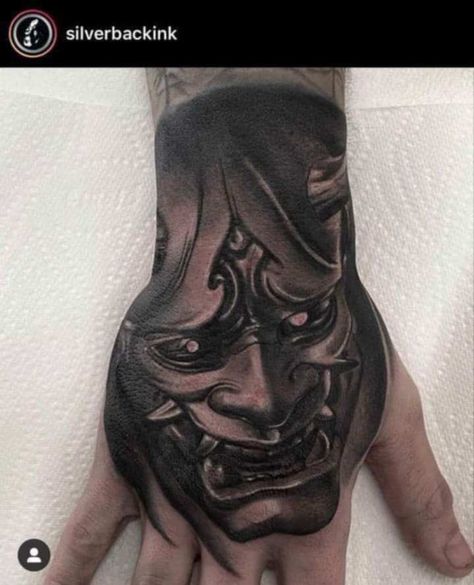 Oni Mask Hand Tattoo Design, Guys With Hand Tattoos, Hanya Mask Hand Tattoo, Oni Hands Tattoo, Oni Mask Hand Tattoo, Samurai Hand Tattoo, Omi Mask Tattoo, Omi Mask, Demon Hand Tattoo