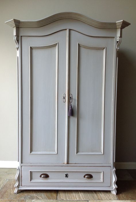 FRENCH STYLE CONTINENTAL GREY WARDROBE  Gorgeous early 20th century continental pine wardrobe / cupboard. Good size and practical with adjustable shelves and bottom drawer. The wardrobe is in one piece. Working lock and key for the door, but no key for the drawer. It has been freshly painted in Annie Sloan chalk paint Coral Painted Furniture, Den Furniture Layout, Armoire Repurpose, Shabby Chic Cabinet, Wooden Armoire, Grey Wardrobe, Pine Wardrobe, Hall Cupboard, Modern Home Office Furniture