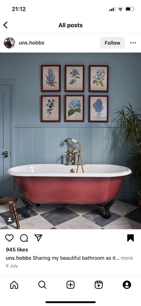 Bathroom Botanical, Blue Bathrooms Designs, Red Bathroom Decor, Checkered Floor, Paneled Walls, Bathroom Paneling, Red Bathroom, Twice As Nice, Bathroom Red