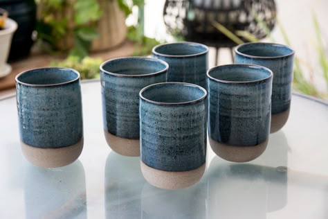 "Set of 6 ceramic cups no handles.  Sizes approximate: 4\"  high x 3\"  diameter (10 cm X 7.5 cm ) Holds: 10 fl oz / 300 ml  Each cup is hand-crafted with gray speckled clay on my pottery wheel. The cup is glazed on the inner surface and partly on the outer surface, leaving a showing of some of the lovely raw rustic speckled clay.  The cups are perfect for drinking coffee, tea, water, and even wine. Use it at home or bring it to the office, it will brighten up your day!  ♥ This item can be purch Pottery Drinking Glasses, Ceramic Cups Without Handles, Blue Coffee Cups, Speckled Clay, Clay Cup, Ceramic Tumbler, Pottery Techniques, Tiny House Movement, Pottery Classes