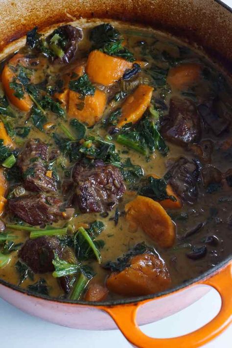 Beef And Kale Soup, Sweet Potato And Ground Beef Recipes, Aip Beef Stew, Beef Sweet Potato Stew, Stewing Beef Recipes, Beef Stew With Sweet Potatoes, Sweet Potato Ground Beef, Kale Mushroom Recipe, Beef And Sweet Potato Stew