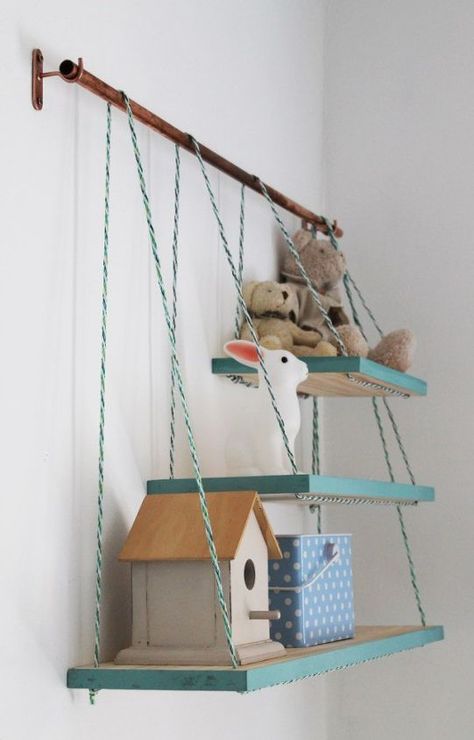 Hanging Shelves Ideas, Diy Display Shelf, Industrial Shelf Diy, Hanging Garage Shelves, Pallet Wall Hangings, Hanging Rope Shelves, Repurposed Headboard, Pallet Wood Shelves, Macrame Hanging Chair