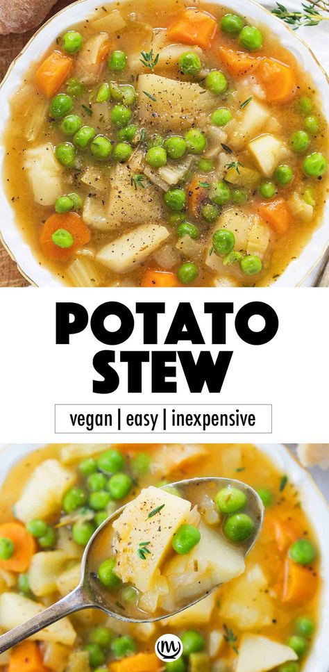 This easy potato stew is so delicious and comforting. The starchy potatoes are combined with carrots, celery, peas and are gently cooked in a thick, flavorful broth. Perfect for crusty bread to sop it all up! #potatostew #potatorecipes #potatosoup #stew #veganrecipes Potato Carrot Stew, Potatoes Carrots Celery Recipes, Vegan Potato Stew, Vegetarian Potato Stew, Potato Celery Carrot Onion Soup, Celery Carrot Recipes, Carrot Potato Recipes, Cooked Celery Recipes, Carrots And Celery Recipes