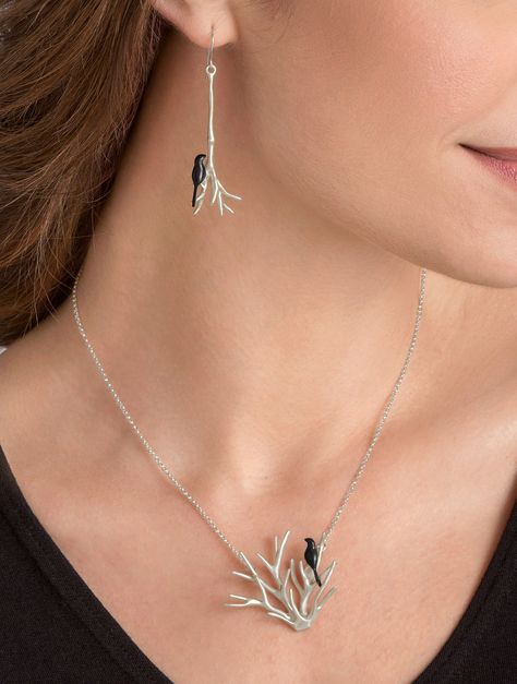 Bird Jewelry Design, Silver Clay Earrings, Birds Earrings, Birds Jewelry, Branch Jewelry, Bird Earring, Geometric Silver Jewellery, Black Metal Jewelry, Silver Bird Necklace