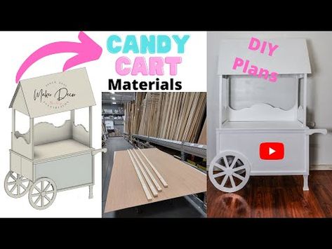 Candy Cart Plans and Materials - YouTube Candy Cart Plans Free, How To Build Candy Cart, Diy Candy Cart Cardboard, Candy Carts Ideas, Candy Cart Diy How To Make A, How To Build A Dessert Cart, Wedding Sweet Cart Ideas, Diy Wooden Cart On Wheels, Diy Desert Cart