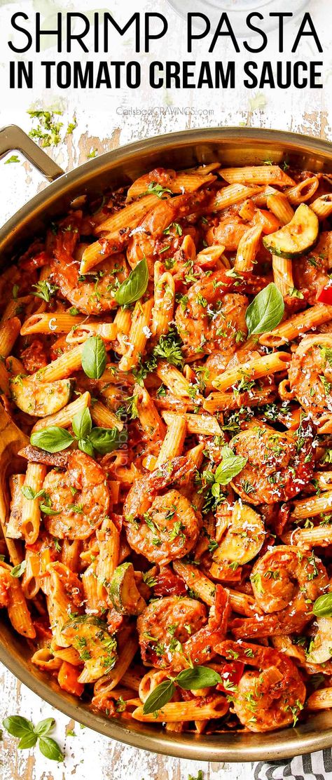 Shrimp Pasta in Garlic Tomato Cream Sauce - Carlsbad Cravings Shrimp Pasta With Red Sauce, Shrimp Tomato Pasta, Pasta With Red Sauce, Red Sauce Recipe, Red Pasta, Tomato Cream Sauce, Red Sauce Pasta, Carlsbad Cravings, Best Seafood Recipes